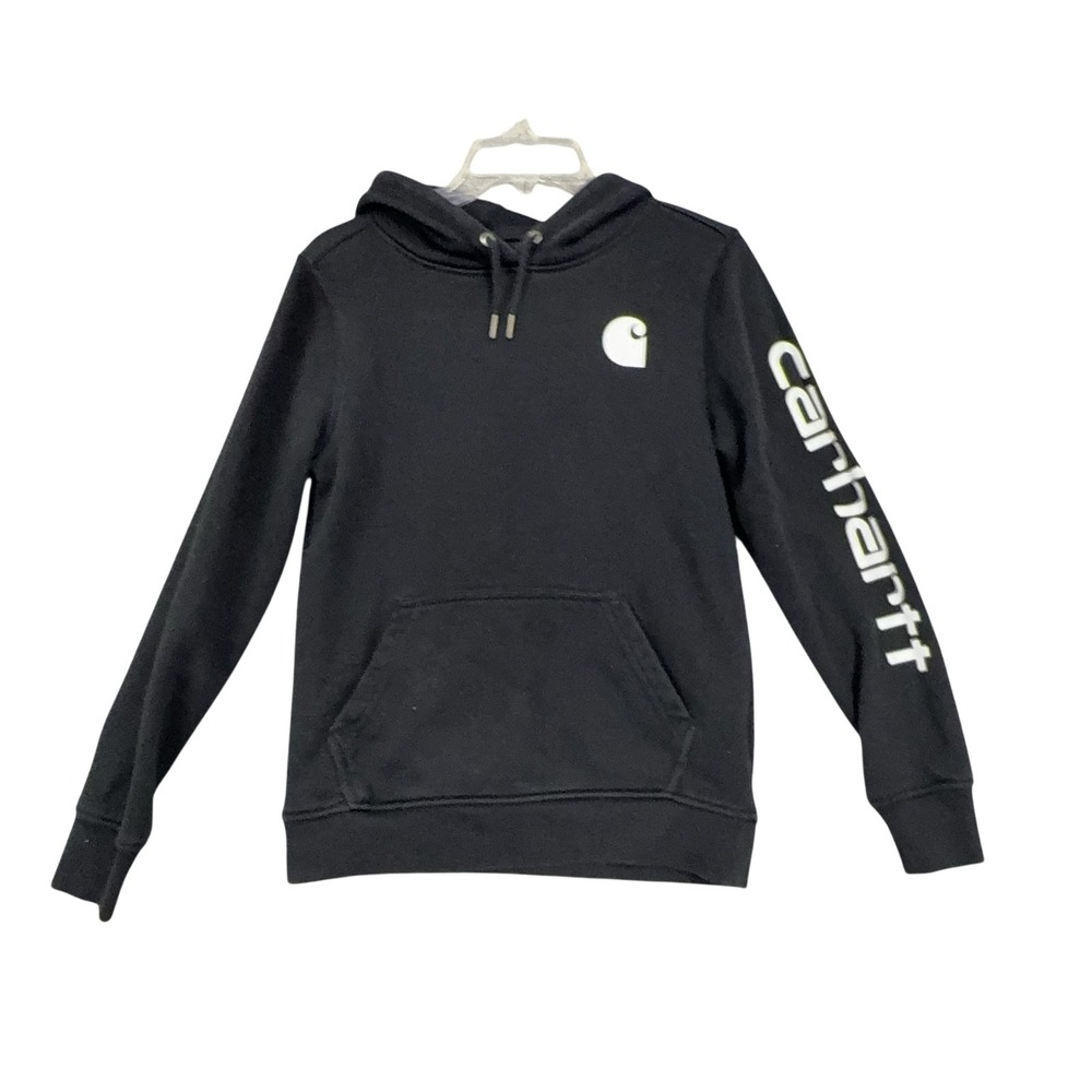 Carhartt Hoodie Womens XS Black Relaxed Fit Fleece Logo Sleeve 102791-001